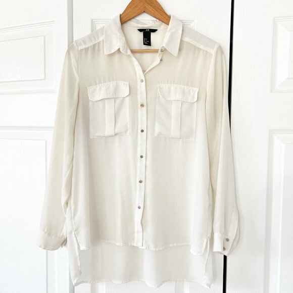 H&M Cream White Hi-Low Button Front Blouse Long Sleeve Women’s Size 6 EUC - Picture 3 of 6